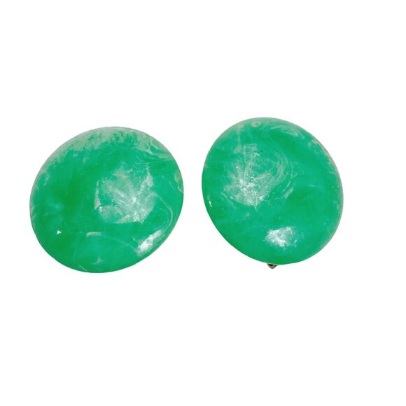 VTG Mint Green Moonglow Clip On Earrings Signed Hong Kong Lucite Dome 1950s MCM - Picture 1 of 7